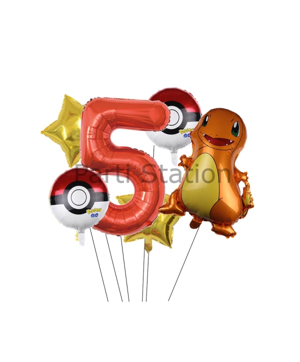 Pokemon Charizard Konsept 7 Yaş Balon Set Pokemon Çarizart Doğum Günü Yıldız Folyo Balon Set