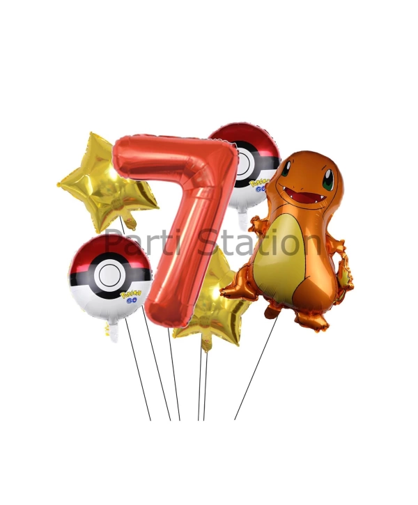 Pokemon Charizard Konsept 7 Yaş Balon Set Pokemon Çarizart Doğum Günü Yıldız Folyo Balon Set