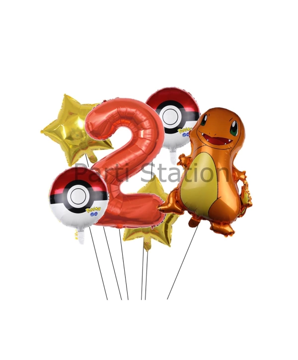 Pokemon Charizard Konsept 7 Yaş Balon Set Pokemon Çarizart Doğum Günü Yıldız Folyo Balon Set