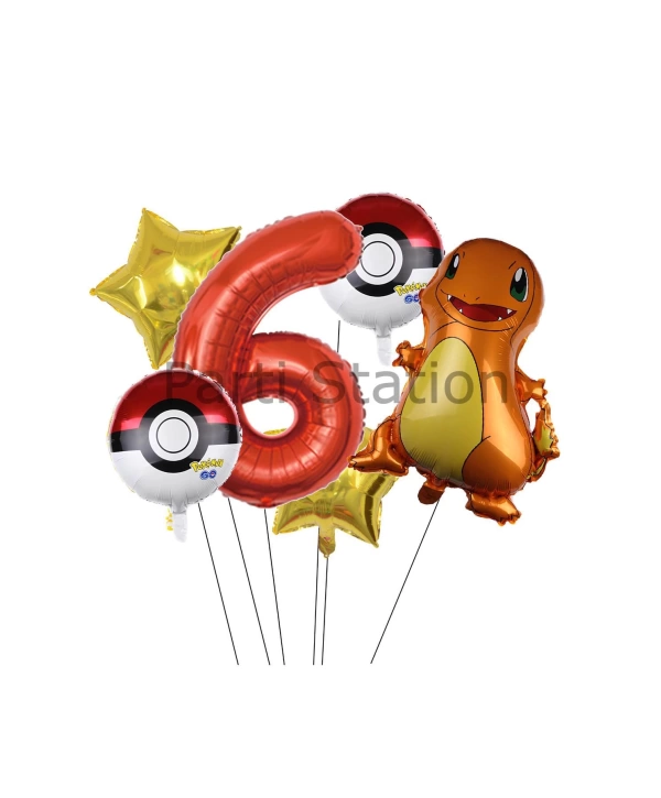 Pokemon Charizard Konsept 7 Yaş Balon Set Pokemon Çarizart Doğum Günü Yıldız Folyo Balon Set