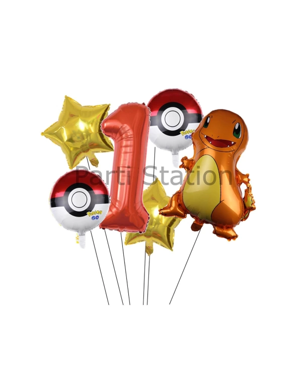 Pokemon Charizard Konsept 7 Yaş Balon Set Pokemon Çarizart Doğum Günü Yıldız Folyo Balon Set