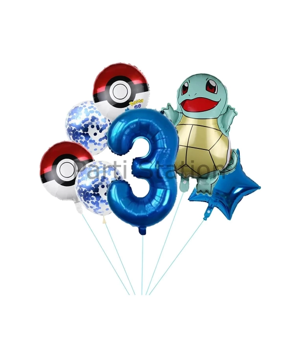 Pokemon Squirtle Konsept 8 Yaş Balon Set Pokemon Squirtle Yıldız Balon Doğum Günü Folyo Balon Set