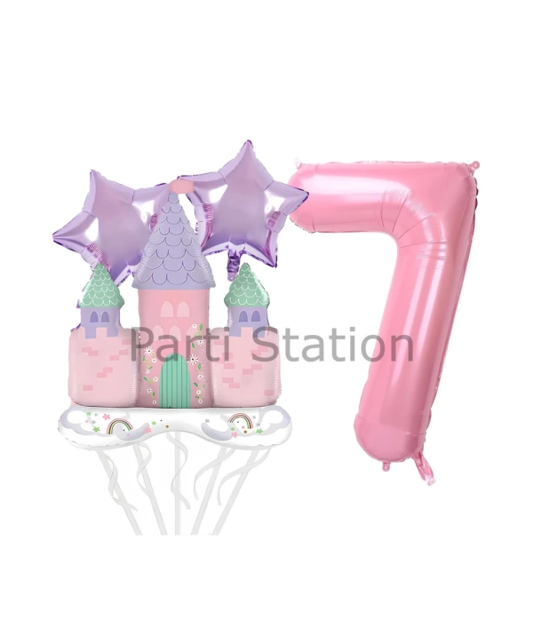 Prenses Konsept 4 Yaş Pembe Renk Rakam Balon Set Prenses Evi Şato Balon Konsept Doğum Günü Balon Set