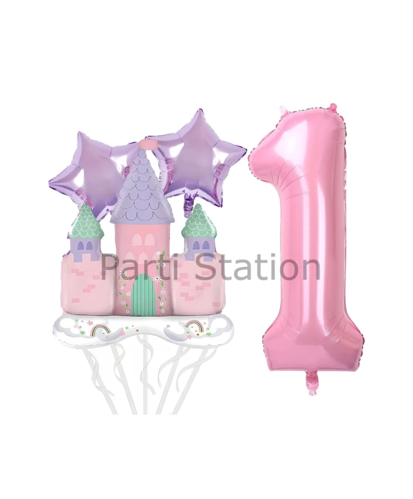 Prenses Konsept 4 Yaş Pembe Renk Rakam Balon Set Prenses Evi Şato Balon Konsept Doğum Günü Balon Set