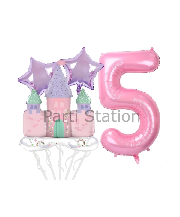 Prenses Konsept 4 Yaş Pembe Renk Rakam Balon Set Prenses Evi Şato Balon Konsept Doğum Günü Balon Set