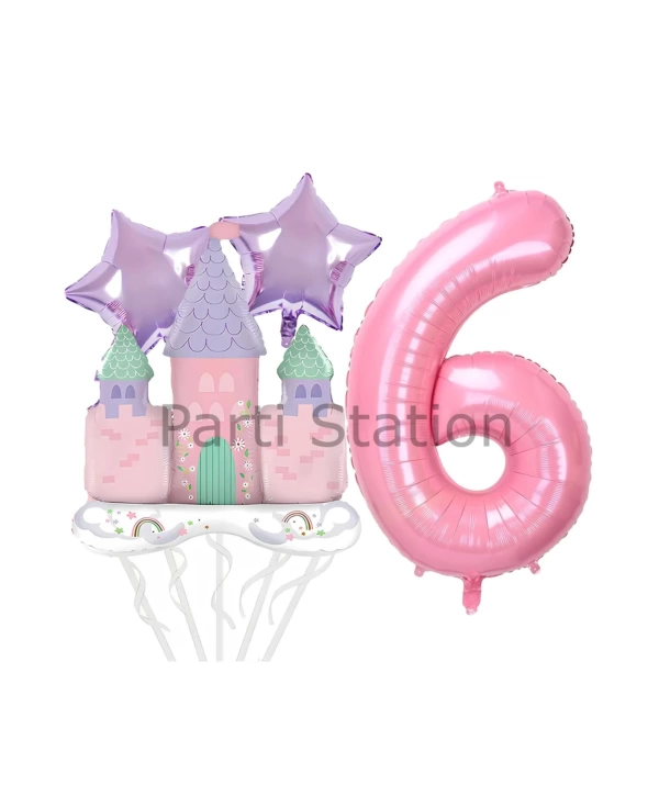 Prenses Konsept 4 Yaş Pembe Renk Rakam Balon Set Prenses Evi Şato Balon Konsept Doğum Günü Balon Set