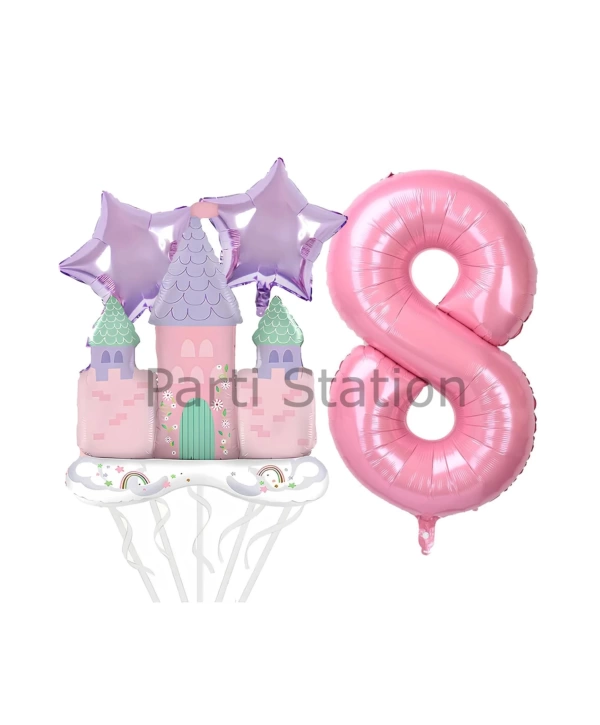 Prenses Konsept 4 Yaş Pembe Renk Rakam Balon Set Prenses Evi Şato Balon Konsept Doğum Günü Balon Set