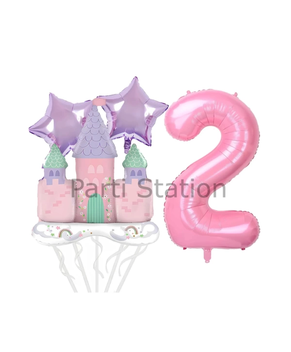 Prenses Konsept 4 Yaş Pembe Renk Rakam Balon Set Prenses Evi Şato Balon Konsept Doğum Günü Balon Set