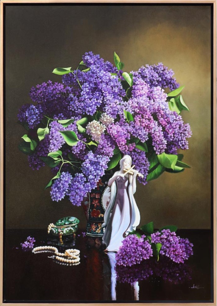 Woman Statue and Lilacs in a Vase Custom Order Oil Painting