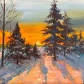 Kar Altında Gün Batımı Yağlı Boya Tablosu