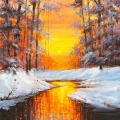 Kışta Gün Batımı Yağlı Boya Tablosu