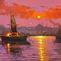İstanbul Boğazında Tekneler Yağlı Boya Tablosu