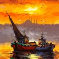 İki Tekne, Bir Akşam Yağlı Boya Tablosu