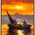 İki Tekne, Bir Akşam Yağlı Boya Tablosu