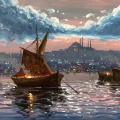 İstanbul Boğazı Gece Işıltısı Yağlı Boya Tablosu
