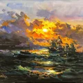 The Crimson Horizon and Waves Oil Painting