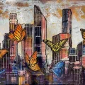 Colorful Butterflies and City Oil Painting