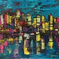 The City Silhouette and Reflection Oil Painting