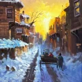 Şehirde Kar Manzarası Yağlı Boya Tablosu