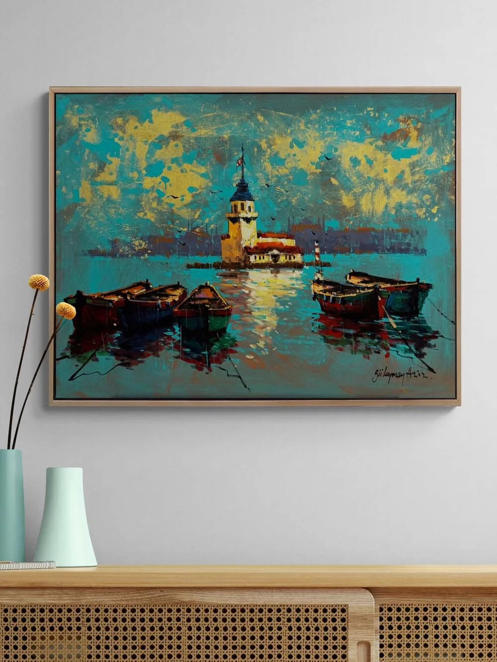 Kız Kulesinde Sandallar Yağlı Boya Tablosu