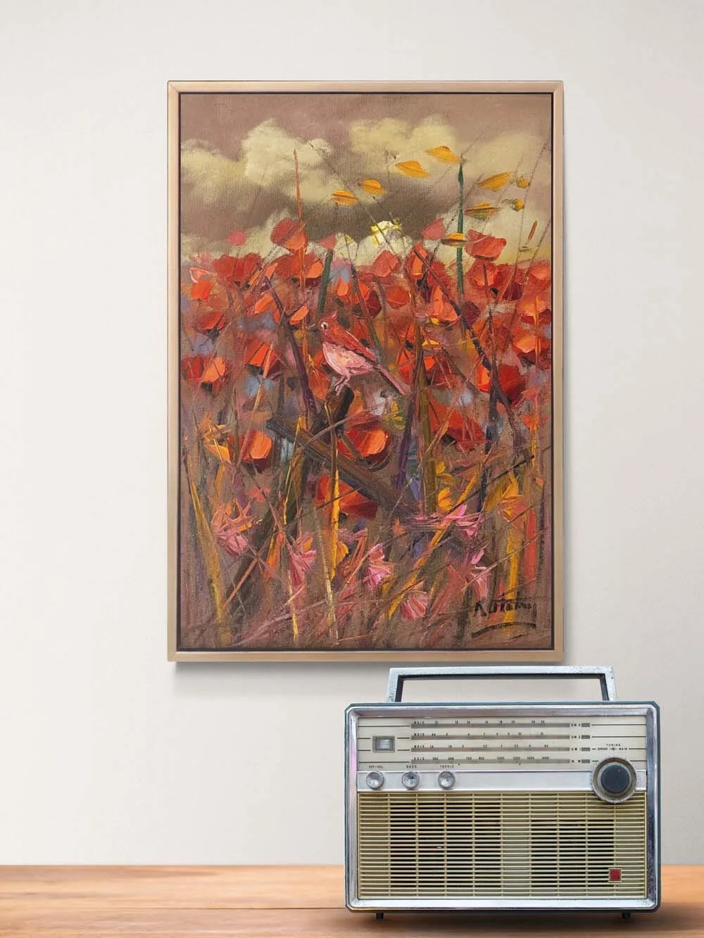 Kırmızıya Konan Kuş Yağlı Boya Tablosu