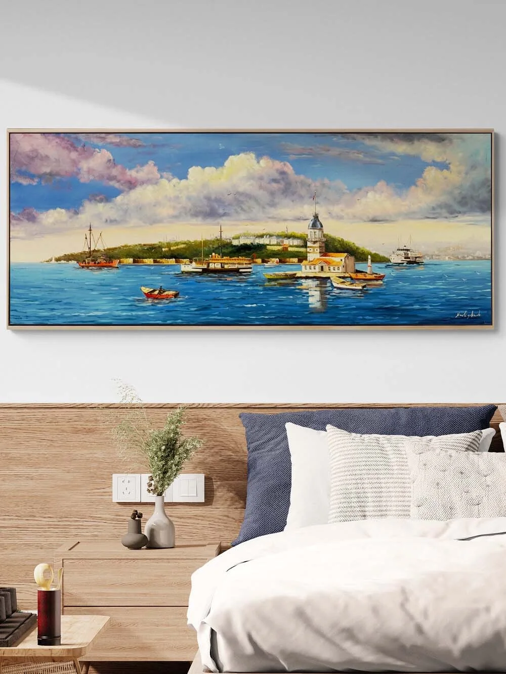 Maviyle Konuşan Kız Kulesi Yağlı Boya Tablosu