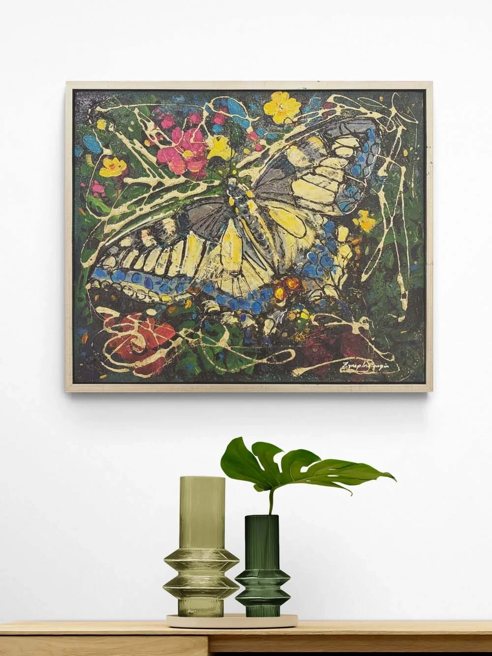 Çiçeklerde Kelebek Yağlı Boya Tablosu