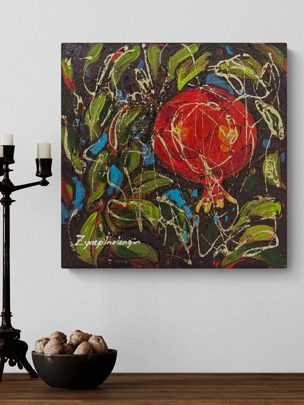 Altın İzli Narlar Yağlı Boya Tablosu