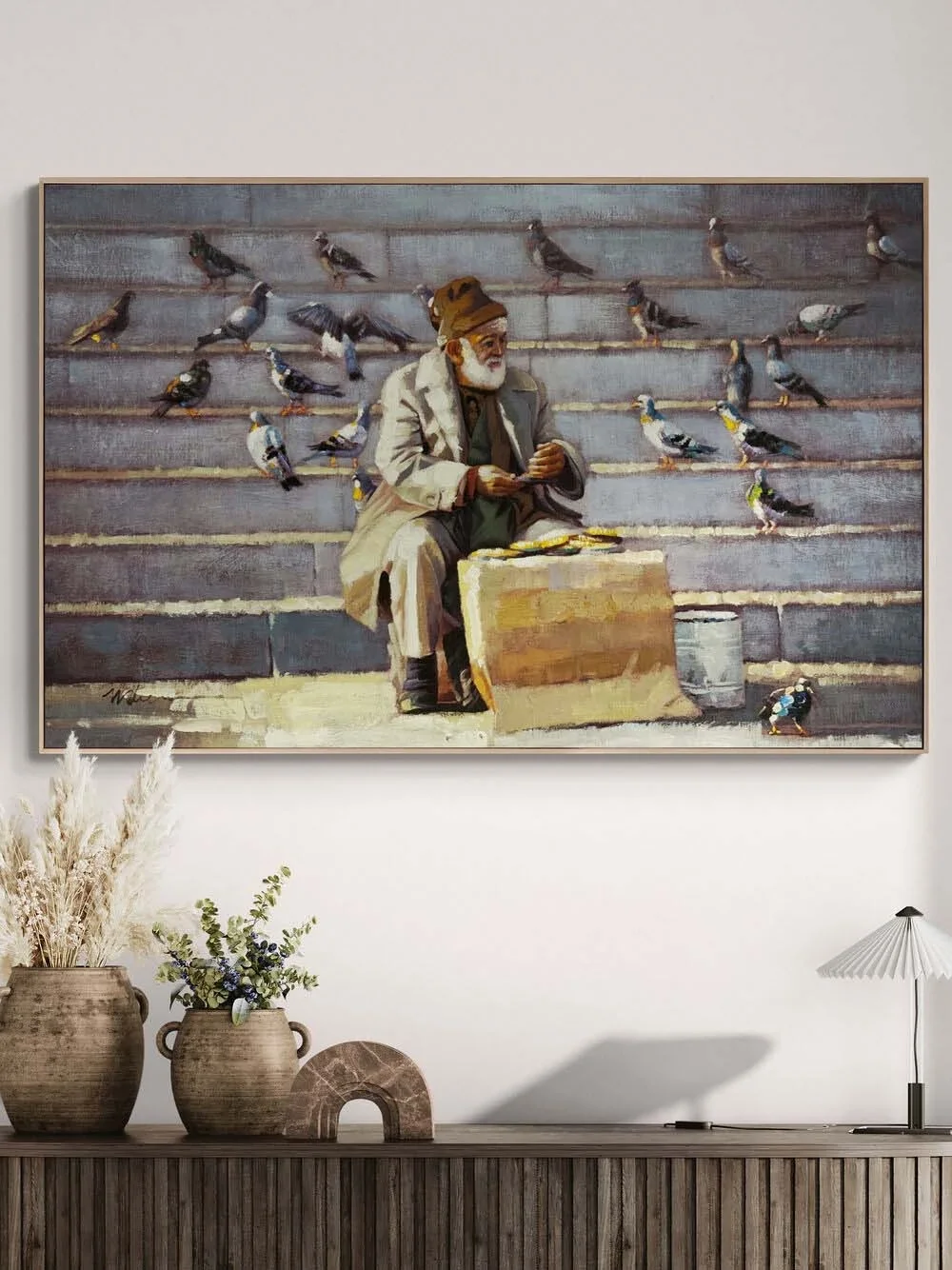 Güvercinlerin Dostu Yağlı Boya Tablosu