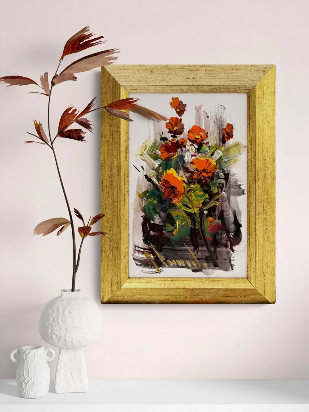 Beyazda Açan Çiçekler Yağlı Boya Tablosu