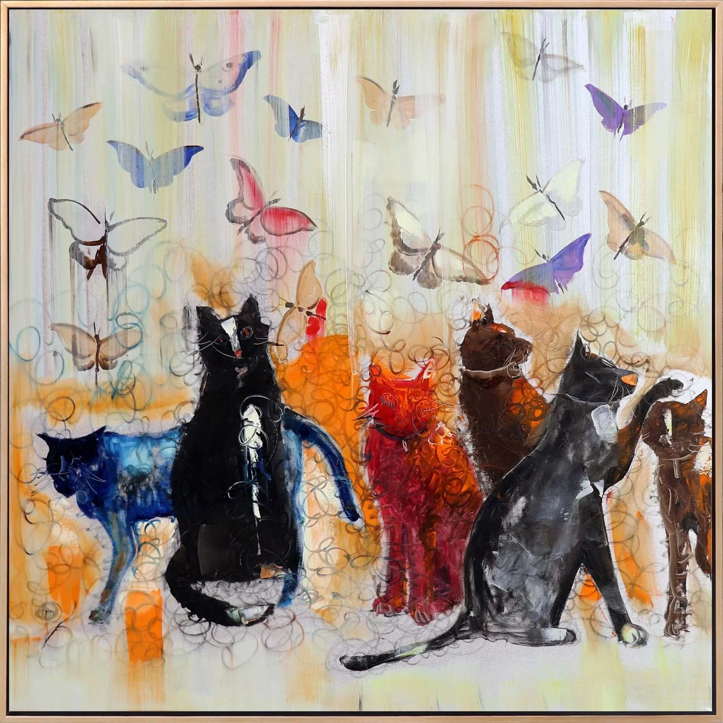 Kelebekler ve Kediler Yağlı Boya Tablosu