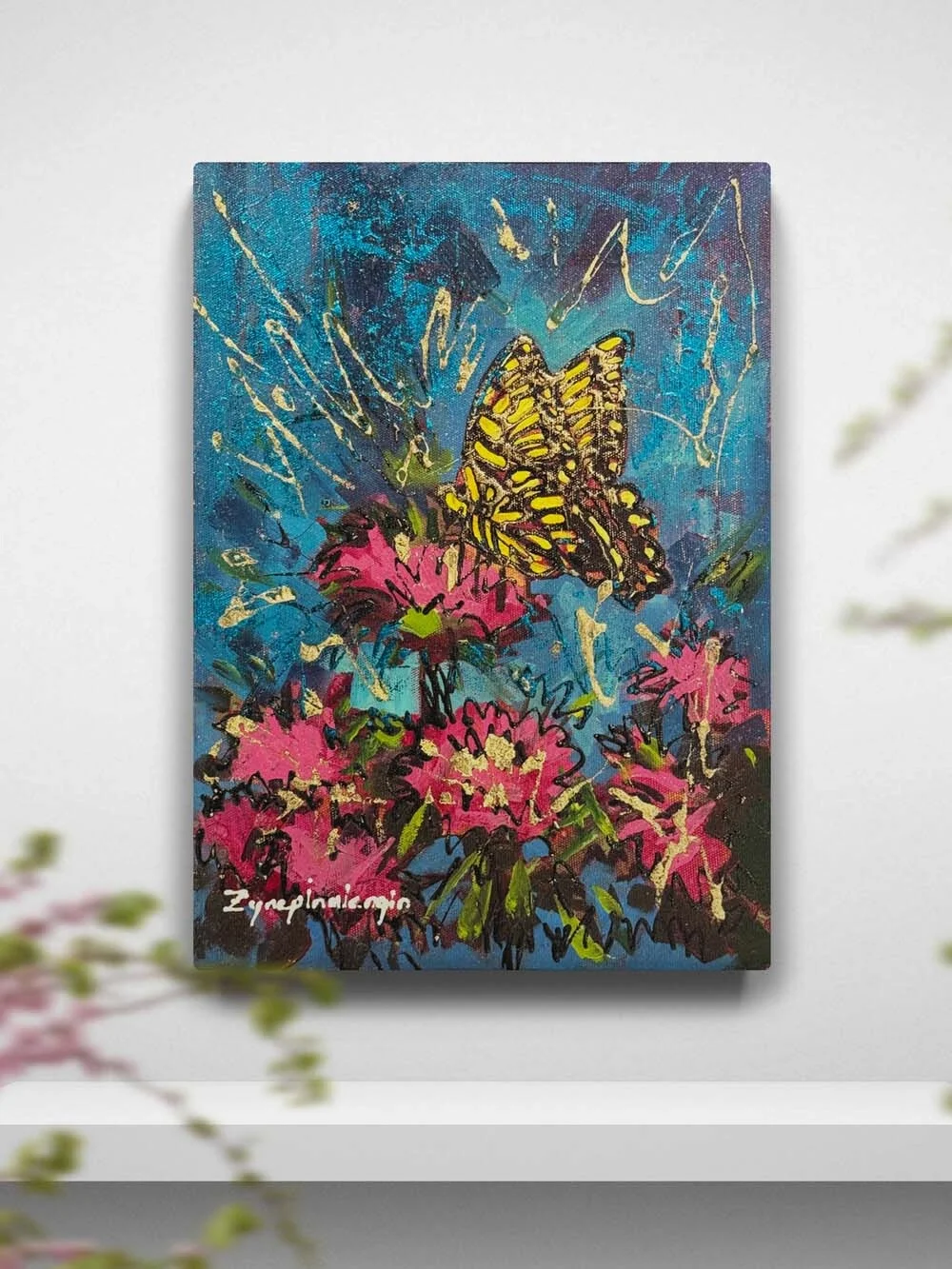 Pembe Çiçeklerde Kelebek Yağlı Boya Tablosu