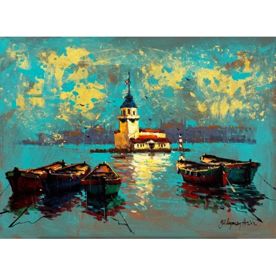 Kız Kulesinde Sandallar Yağlı Boya Tablosu