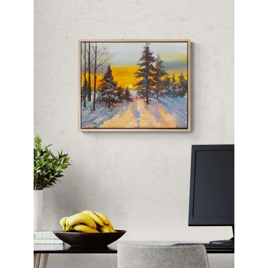 Kar Altında Gün Batımı Yağlı Boya Tablosu