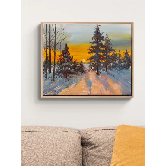 Kar Altında Gün Batımı Yağlı Boya Tablosu