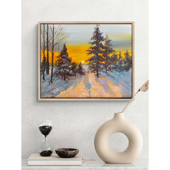 Kar Altında Gün Batımı Yağlı Boya Tablosu