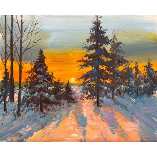 Kar Altında Gün Batımı Yağlı Boya Tablosu