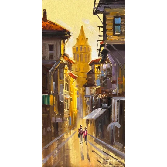 Turuncu Akşam Galata Yağlı Boya Tablosu