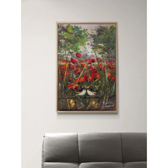 İki Kuş Bir Mevsim Yağlı Boya Tablosu