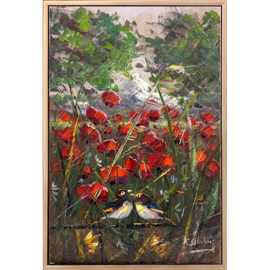 İki Kuş Bir Mevsim Yağlı Boya Tablosu