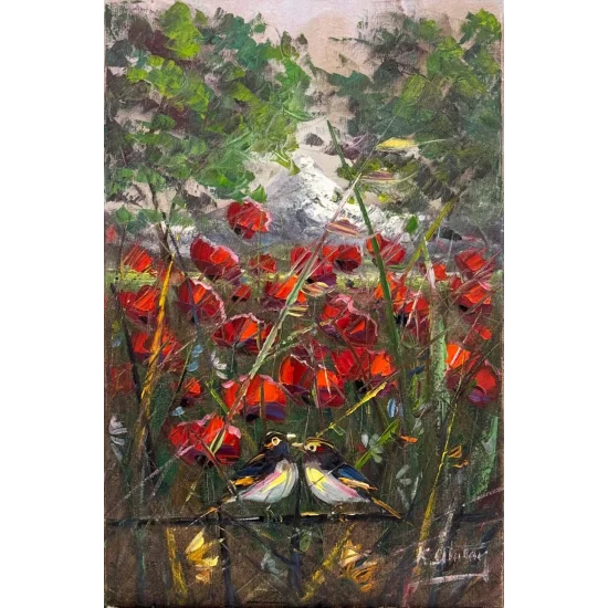 İki Kuş Bir Mevsim Yağlı Boya Tablosu