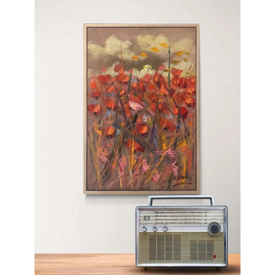 Kırmızıya Konan Kuş Yağlı Boya Tablosu