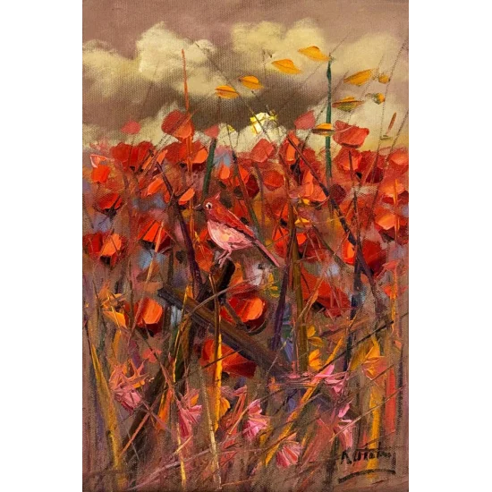 Kırmızıya Konan Kuş Yağlı Boya Tablosu