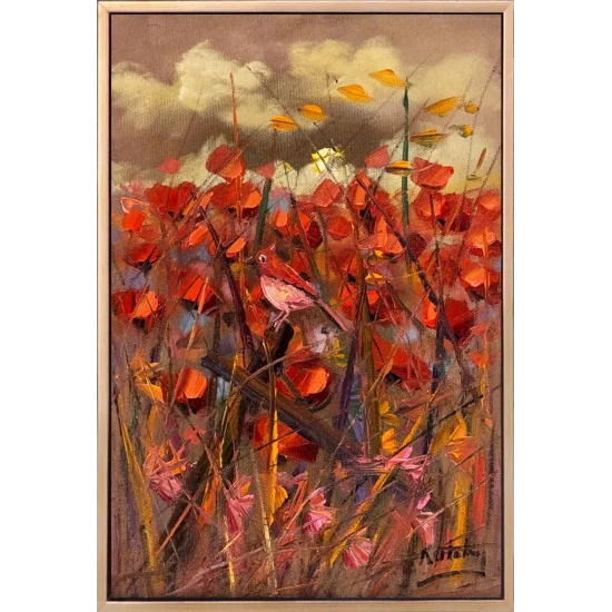 Kırmızıya Konan Kuş Yağlı Boya Tablosu