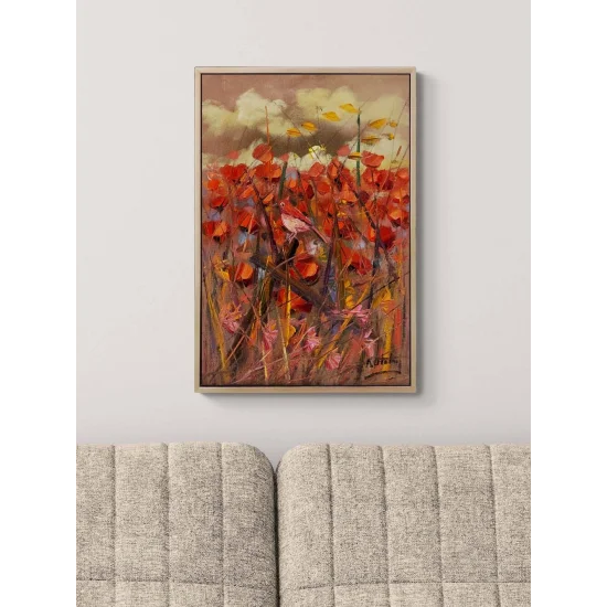 Kırmızıya Konan Kuş Yağlı Boya Tablosu