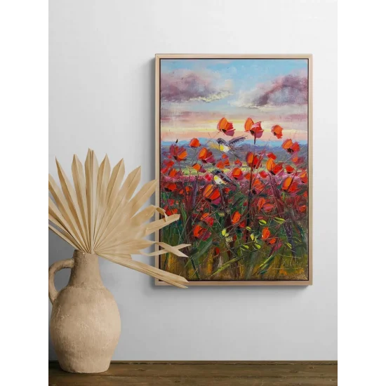 Kuşların Kırmızı Bahçesi Yağlı Boya Tablosu