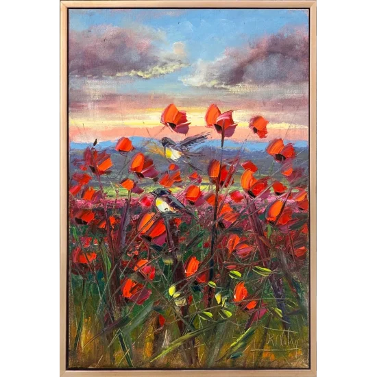 Kuşların Kırmızı Bahçesi Yağlı Boya Tablosu