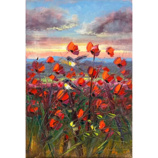 Kuşların Kırmızı Bahçesi Yağlı Boya Tablosu