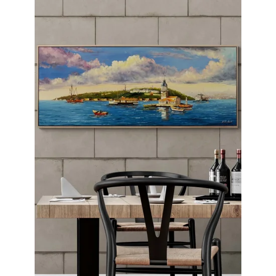 Maviyle Konuşan Kız Kulesi Yağlı Boya Tablosu