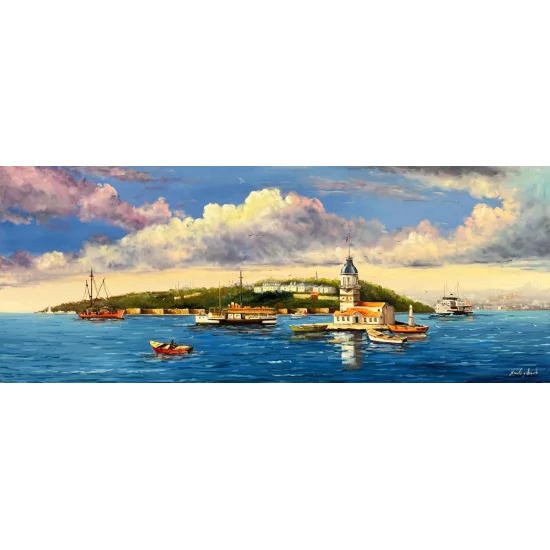 Maviyle Konuşan Kız Kulesi Yağlı Boya Tablosu